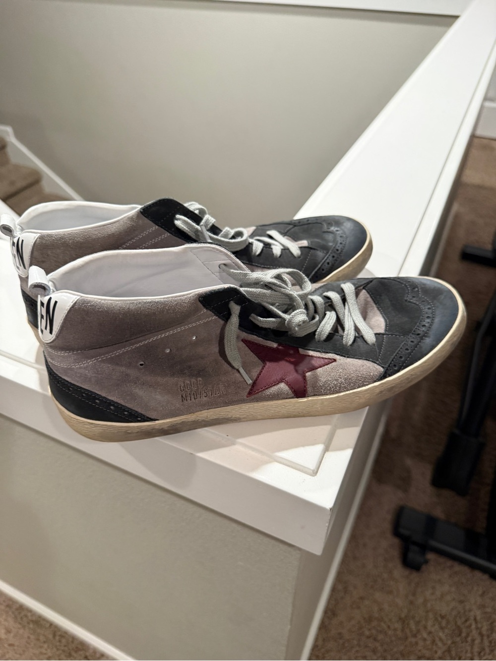 Grey Goose Mid/Star Suede High-Top Sneakers with Burgundy Star